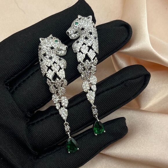 Sterling Silver Stud Panther Drop Earrings with Cubic Zirconia - Picture 10 of 12
